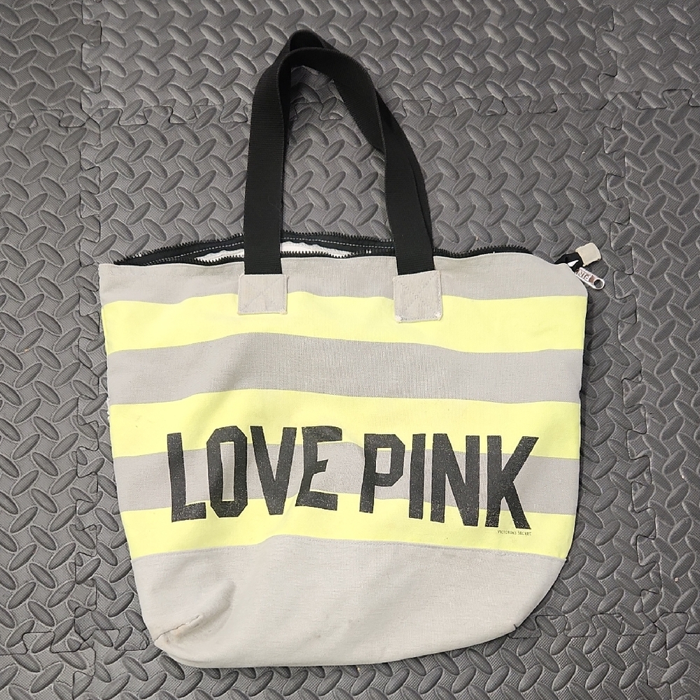 Vintage PINK Victoria's Secret Love Pink Tote - Yellow and Gray - Picture 1 of 3